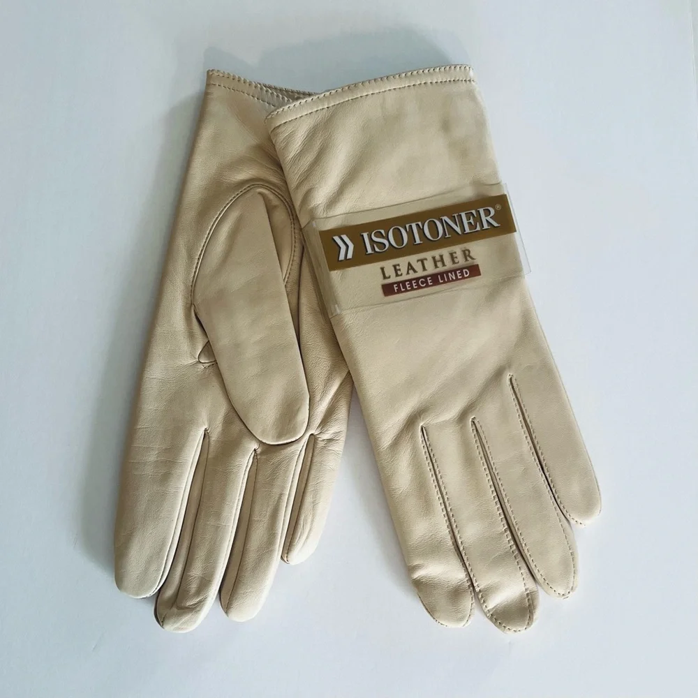 Isotoner Vintage NEW Cream Beige Leather Fleece Lined Gloves Size 8.5-9 Medium